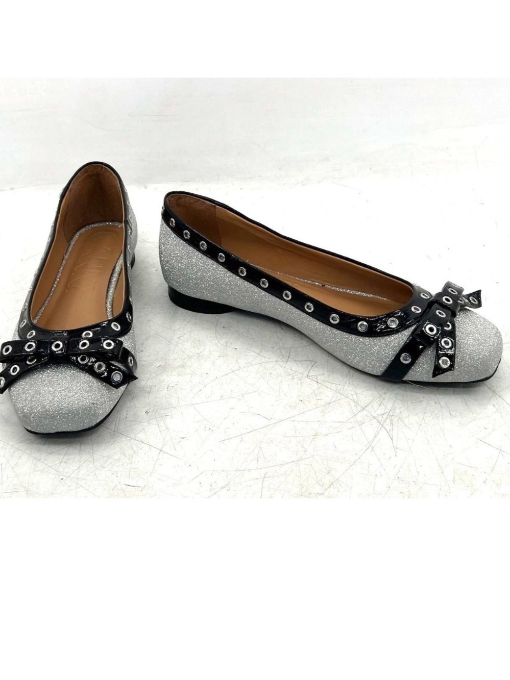 Ganni Silver Glitter Black Patent Eyelet Ballet Flats - Size 41 US 10.5